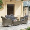 Outsunny 4 Pieces Outdoor PE Rattan Garden Furniture with Cushions, Patio Special Hand Weave Wicker Conservatory Sofa Set with Glass Top Coffee Table, Light Grey