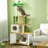 PawHut Cat Tree with Hidden Litter Box Enclosure, 2-in-1 Green Leaf Cat Tower, Litter Box Furniture with House, Ladder, Scratching Posts, Platforms, for Indoor Use - Oak
