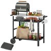 Outsunny BBQ Trolley with Stainless Steel Top Adjustable Shelf, Outdoor Kitchen BBQ Station with Hooks Seasoning Tray Towel Rack, Pizza Oven Table Movable Outdoor Grill Dining Cart with Cover, Black