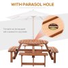 Outsunny 8 Seater Wooden Picnic Table and Garden Benches Set, Round Garden Dining Set with 4 Benches and Umbrella Hole Outdoor Garden Park, Brownish Red