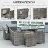Outsunny 10 Seater Rattan Dining Set with Expandable Table and Nesting Chairs, Rattan Garden Furniture Set with Cushions, Outdoor Dining Table and Chairs, Sectional Corner Sofa Set, Grey