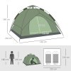Outsunny 3 Person Camping Tent, Instant Pop Up Tent, Dome Tent with Sewn-in Groundsheet, 2 in 1 Double Layers for Camping, Hiking, Backpacking, Green