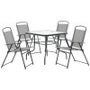 Outsunny 5 Piece Garden Dining Set Outdoor Dining Furniture 4 Folding Chairs, Glass Top Table with Parasol Hole, Texteline Seats, Black
