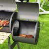 Outsunny Charcoal Barbecue Grill with Offset Smoker, Barrel BBQ Trolley with 3 Storage Shelves & Thermometer for Outdoor Garden Camping Picnic Cooking, Black