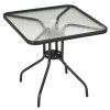 Outsunny 76 cm Square Dining Table with Parasol Hole, Outdoor Coffee End Side Table with Tempered Glass Top, Steel Frame for Garden, Patio, Black