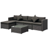 Outsunny 6 Pieces Rattan Garden Furniture Set, 5 Seater Sectional Garden Corner Sofa Set with Glass Top Coffee Table, Cushions and Pillows, All-Weather Wicker Conversation Furniture, Grey