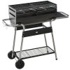 Outsunny Charcoal Barbecue Grill BBQ Trolley with Double Grill, Adjustable Grill Height, Side Table, Storage Shelf, and Wheels for Outdoor Cooking, 130 x 51 x 111cm, Black