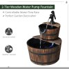 Outsunny Wooden 2-Tier Barrel Water Fountain with Pump Freestanding Cascading Feature Self Contained Water Pump Garden Decoration