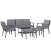Outsunny 6 Piece Rattan Garden Furniture Set with 3-Seater Sofa, 2 Chairs and 2 Footstools, 7 Seater Outdoor Sofa Set with Glass Top Coffee Table and Cushions for Balcony, Grey
