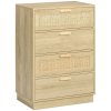 HOMCOM Bedroom Chest of Drawers, Boho Rattan Dresser with 4 Drawers, Storage Cabinet for Living Room, Hallway, Entryway, Natural Wood Finish