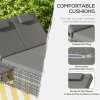 Outsunny Double Rattan Sun Lounger, Garden Daybed with 5-Level Adjustable Backrest and Flip Side Trays, Wicker Outdoor Furniture Recliner with Cushions and Pillows for Patio, Grey