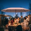 Outsunny 4.4m Double-Sided Sun Umbrella Garden Parasol Patio Sun Shade Outdoor with LED Solar Light, NO BASE INCLUDED, Khaki