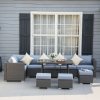 Outsunny 10 Pieces Outdoor PE Rattan Sofa Set with 10cm Thick Cushions, Garden Sectional Corner Sofa Set with Glass Top Dining Table and Three Footstools, Grey