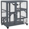 PawHut Cat Cage House, Catio Cat Indoor Enclosure on Wheels, Weather-Resistant Wooden Kitty Cage with Platforms, Hammock, Light Grey