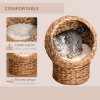PawHut Wicker Cat House, Raised Cat Bed with Cylindrical Base, Soft Washable Cushion, Woven Water Hyacinth Cat Basket for Indoor and Outdoor, 42 x 33 x 52 cm - Brown