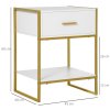 HOMCOM Bedside Table with Storage Drawer and Open Shelf, Modern Nightstand, Side Table with Metal Frame for Bedroom, Living Room, White
