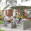 Outsunny 7 Pieces Rattan Garden Furniture Set, 6 Seater Garden Corner Sofa with Wide Seat, Cushions and Glass Top Table, Sectional Outdoor Furniture Conservatory Set for Patio, Grey