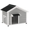 PawHut Dog House Wooden Dog Kennel Outdoor with Openable Asphalt Roof, Removable Floor, Door Curtain, Elevated Feet, for Medium Breeds, Light Grey