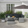 Outsunny 5 Pieces PE Rattan Garden Furniture Set with Corner Sofa, Patio Sofa Set with Glass Table, Stools, Cushions, for Poolside, Mixed Grey