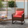 Outsunny Garden Rocking Chair, Outdoor Rattan Rocker Lounge Chair with Seat and Back Cushions, Patio Armchair Seat with All-weather Wicker, Steel Frame for Porch Balcony, Red