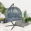 Outsunny Outdoor Double Hanging Chair, Swing Chair with Metal Stand, Thick Padded Cushion, Foldable Basket and Cup Holders, for Indoor and Outdoor, Charcoal Grey