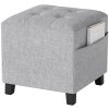 HOMCOM Square Footstool, Small Ottoman with Side Pocket, Linen Fabric Footrest Foot Stool with Rubber Wood Legs and Padded Seat for Living Room, Bedroom, Entryway, 35 x 35 x 35cm, Light Grey
