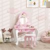 AIYAPLAY Kids Dressing Table Set, Two-Piece Kids Vanity Table with Stool, Mirror, Drawer, Desktop Storage, Ballet Theme, Girls Makeup Desk, Chair, Pink