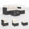 Outsunny 5 Piece Rattan Garden Furniture Set with Gas Fire Pit Table, 4 Seater Outdoor Sectional Sofa Set with Footstool and Removable Cushions, Modular Combination, Black and Cream White