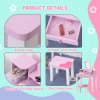 HOMCOM 2 PCS Kids Wooden Dressing Table and Stool Girls Vanity Table Makeup Table Set with Mirror Drawers Role Play Toy for Toddlers Age 3 Years +, Pink and White