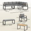 Outsunny 6 Piece L Shaped Garden Furniture Set, 9 Seater Outdoor Corner Sofa Set with 3 Loveseats, Bench, Chair, Wide and Deep Seats, WPC Top Coffee Table, Thick Cushions, Natural Wood Finish