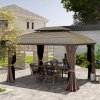 Outsunny 3.65 x 3(m) Hardtop Steel Gazebo Canopy for Patio Heavy Duty Outdoor Pavilion with Aluminium Alloy Frame, Double Roof, Net Sidewalls and Curtains, Coffee