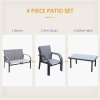 Outsunny 4 Pcs Curved Steel Outdoor Furniture Set w/ Loveseat, 2 Texteline Seats, Glass Top Table Garden Balcony Patio Furniture For Family Party Events Guests -Grey
