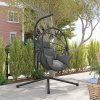 Outsunny Outdoor Swing Chair with Thick Padded Cushion, Patio Hanging Chair with Metal Stand, Foldable Basket Egg Chair with Cup Holder, Rope Structure, for Indoor and Outdoor, Grey