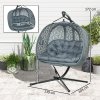 Outsunny Outdoor Double Hanging Chair, Swing Chair with Metal Stand, Thick Padded Cushion, Foldable Basket and Cup Holders, for Indoor and Outdoor, Charcoal Grey