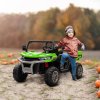HOMCOM 2 Seater Kids Ride On Car with Electric Bucket, 12V Battery Powered Electric UTV with Shovel, Parental Remote, 4 Spring Suspension Wheels, Working Horn, Music - Green