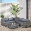 Outsunny 6 Pieces Rattan Garden Furniture Set, 4 Seater Wicker Garden Corner Sofa Set with 2 Storage Tables and Loveseats, Outdoor Conversation Furniture with Cushions for Conservatory, Patio, Grey
