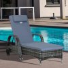 Outsunny Rattan Sun Lounger, Garden Lounger Recliner with Wheels and Adjustable Backrest, Outdoor Reclining Sunbed Garden Chair with Cushion and Headrest for Patio, Beach, Terrace, Grey