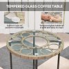 Outsunny 3 Piece Rattan Bistro Set, Wicker Garden Furniture Set with Cushions, Glass Top Coffee Table and Chairs for Outdoor, Patio, Balcony, Beige