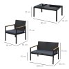Outsunny 4 Pieces Rattan Garden Furniture Set, 4 Seater Garden Sofa Set with Loveseat, 2 Armchairs and Glass Top Coffee Table, Wicker Outdoor Conservatory Furniture with Cushions for Patio, Black