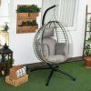 Outsunny Outdoor Swing Chair with Thick Padded Cushion, Patio Hanging Egg Chair with Metal Stand, Foldable Basket, Cup Holder, Rope Structure for Indoor & Outdoor, Grey