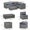 Outsunny 6 Pieces Rattan Garden Furniture Set, 4 Seater Wicker Garden Corner Sofa Set with 2 Storage Tables and Loveseats, Outdoor Conversation Furniture with Cushions for Conservatory, Patio, Grey