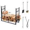 Outsunny Metal Firewood Log Holder Indoor Outdoor Firewood Rack Fireplace 2 Tier Wood Storage Shelf with 4 Tools, Hooks, Scrolls, Black, 84W x 33D x 76H cm
