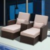 Outsunny Double Rattan Sun Lounger, Already Assembled Reclining Garden Lounger with Retractable Footrest, Glass Top Storage Table with Umbrella Hole, Garden Sunbed with Cushions and Pillows, Brown