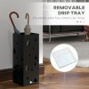 HOMCOM Steel Umbrella Stand, Square Umbrella Holder with 4 Hooks and Removable Drip Tray, Hollowed Umbrella Basket for Hallway