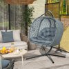 Outsunny Outdoor Double Hanging Chair, Swing Chair with Metal Stand, Thick Padded Cushion, Foldable Basket and Cup Holders, for Indoor and Outdoor, Charcoal Grey