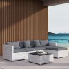 Outsunny 6 Pieces Rattan Garden Furniture Set, 5 Seater Sectional Garden Corner Sofa Set with Glass Top Coffee Table, Cushions and Pillows, All-Weather Wicker Conversation Furniture, Mixed Grey