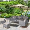 Outsunny 5 Pieces Rattan Garden Furniture Set, 6 Seater Wicker Dining Set, Corner Garden Sofa Outdoor Furniture Set with Glass Top Table, Footstool and Cushions for Patio, Beige