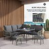 Outsunny 6 Pieces Rattan Garden Furniture Set, Garden Corner Sofa with Thickened Cushions, Outdoor Dining Set with Glass Top Dining Table, Loveseats and Footstools for Conservatory, Light Grey