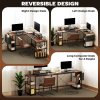 HOMCOM 168cm Reversible L Shaped Desk, Industrial Corner Computer Desk with Adjustable Shelf and Storage Bag, 240cm 2 Person Desk with Monitor Stand, Rustic Brown