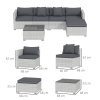Outsunny 6 Pieces Rattan Garden Furniture Set, 5 Seater Sectional Garden Corner Sofa Set with Glass Top Coffee Table, Cushions and Pillows, All-Weather Wicker Conversation Furniture, Mixed Grey